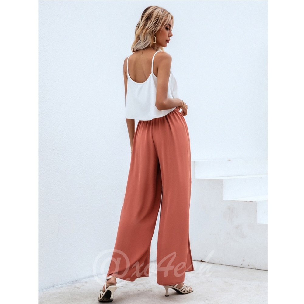 2 Piece Outfit: White Flowy Top and Burnt Orange Wide Pants - Picture 4 of 6